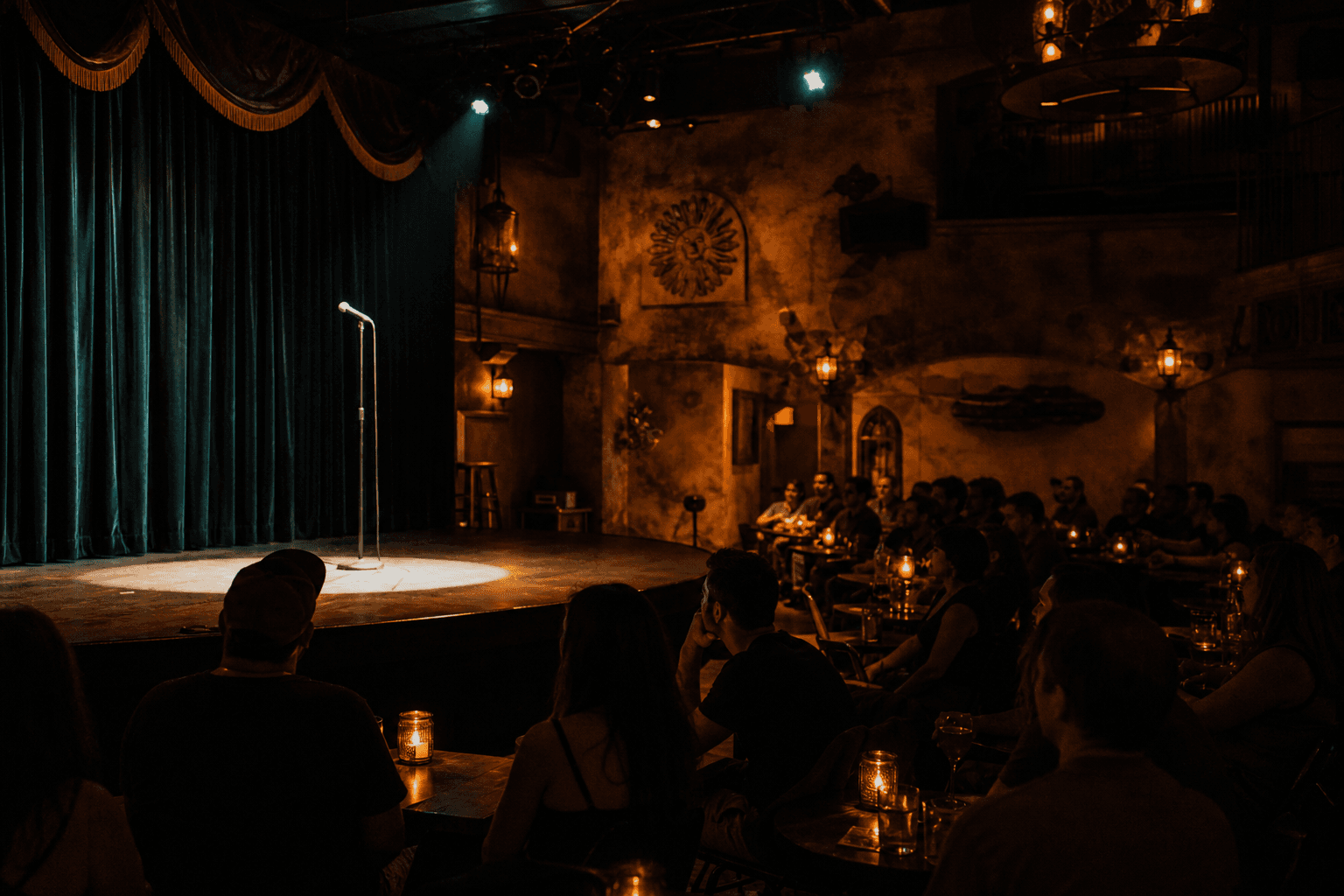 Comedy stage with spotlight.