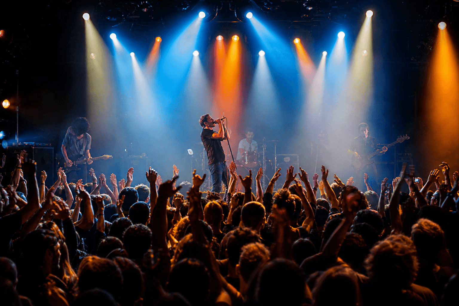 Live music crowd with stage lights at The Reef in San Antonio.